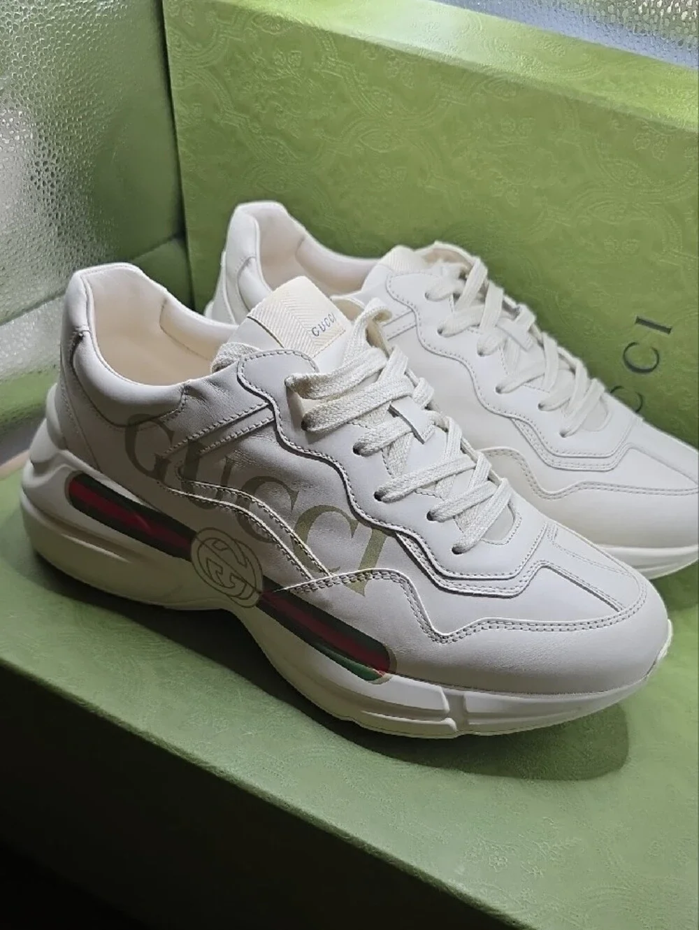 Gucci White Leather Sneaker with Red & Green Stripe Logo